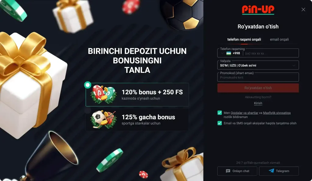 PIN-UP UZ ro’yxatdan o’tish