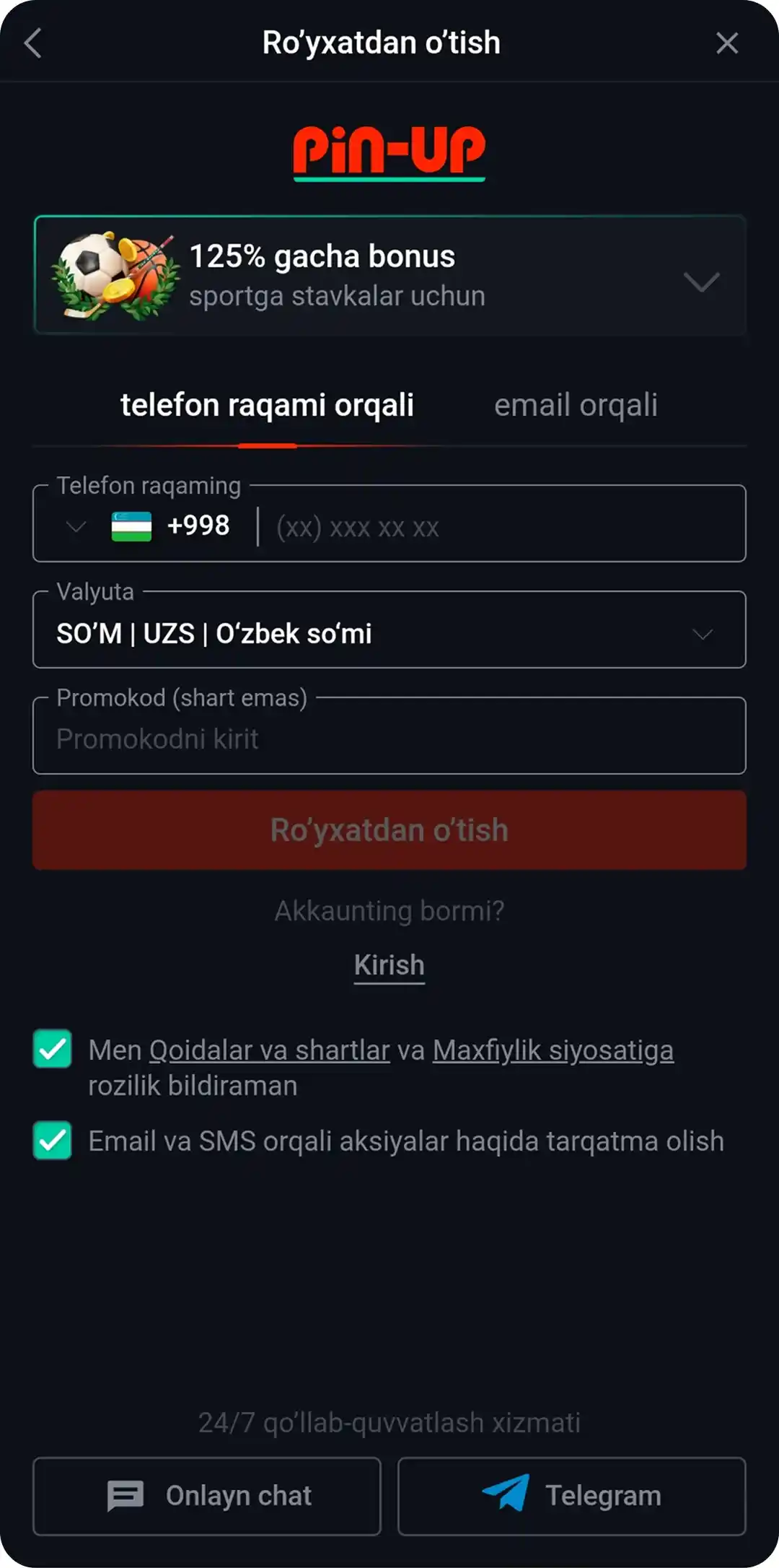 royxatdan-otish PIN-UP ilovasida ro'yxatdan o'tish